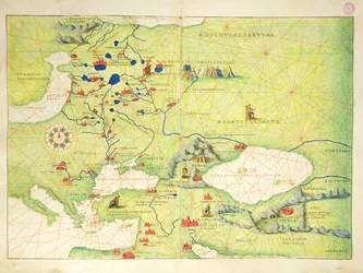 1553年9月1日、ヴェネツィアの33の地図にある世界地図からのヨーロッパと中央アジア（ベラムのインク）（330954も参照）